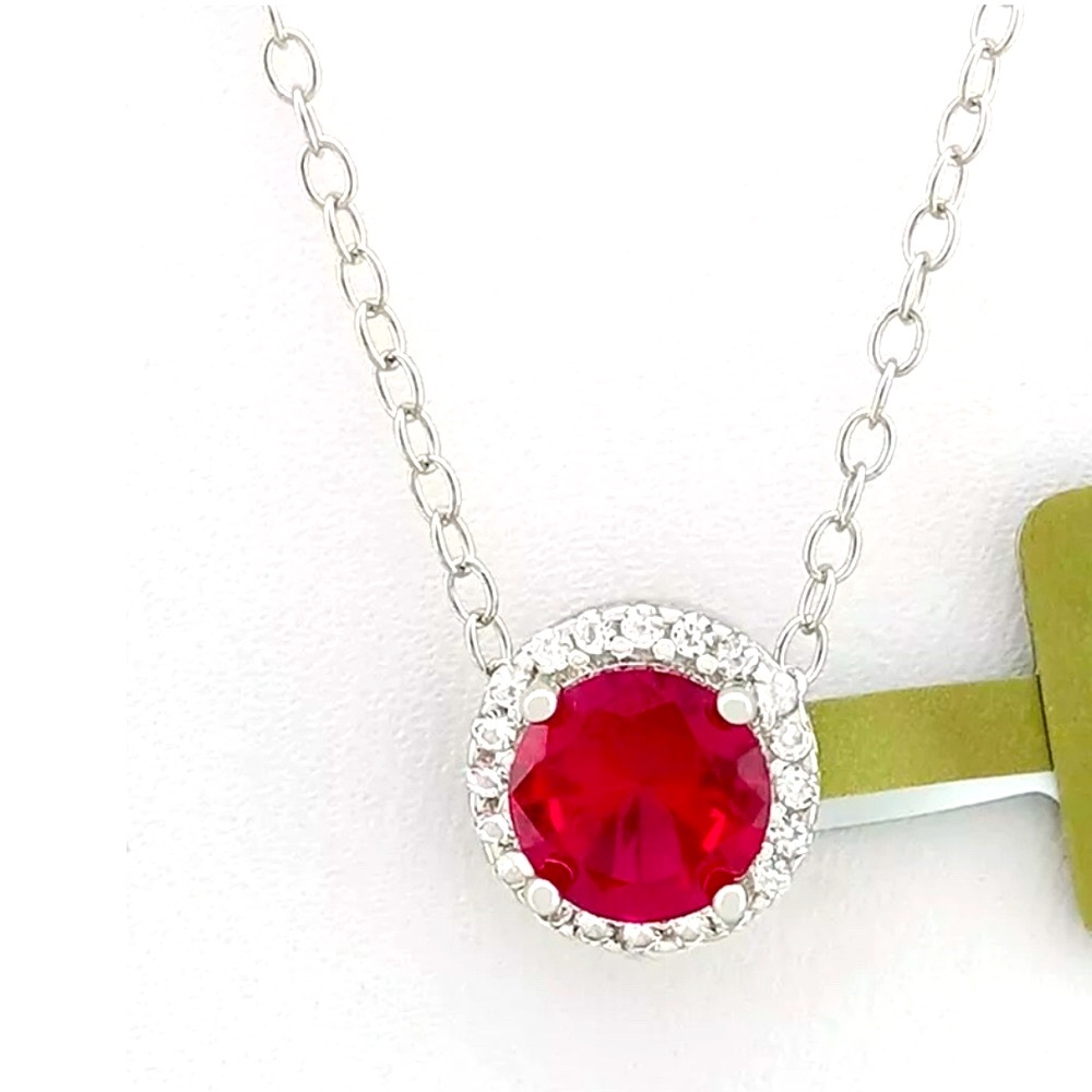 LAB CREATED 1.12 Cts GARNET & WHITE SAPPHIRES PENDANT NECKLACE .925 Silver -